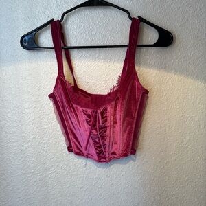 Fuchsia velvet Lace-Trim Corset Crop Top